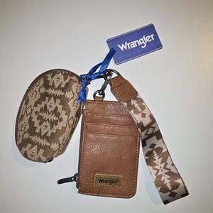 Wrangler Brown Leather Card Holder and Patterned Key Pouch Set